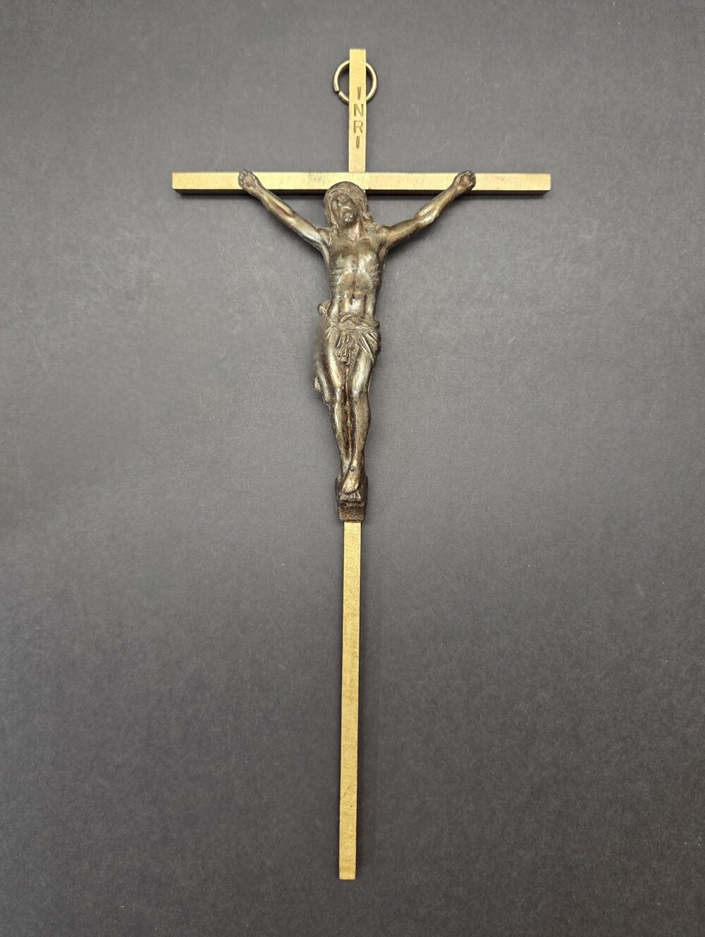 1980s Brass Crucifix Jesus On Cross, INRI Religious Wall Hanging Decor